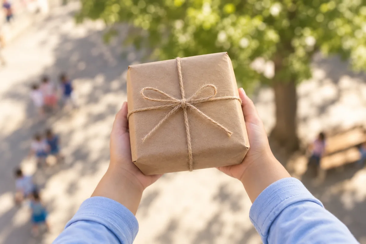 Mains d’enfant tendant un paquet cadeau en papier kraft noué d’une ficelle dans une cour d’école