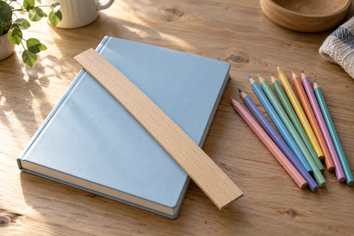 Règle en bois et crayons de couleur posés sur un cahier fermé près d’une fenêtre