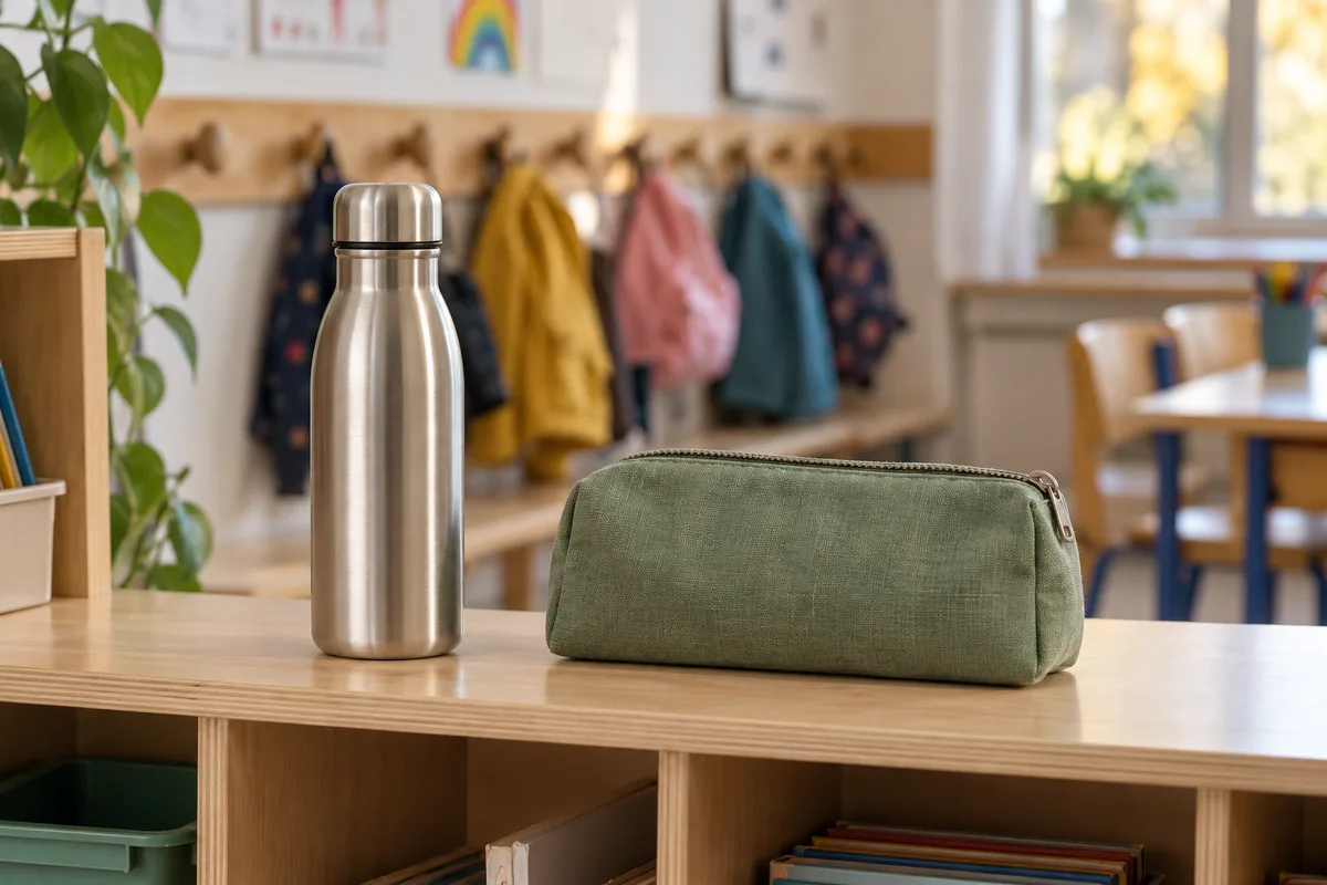 Gourde en inox brossé et trousse en tissu posées sur une étagère de salle de classe