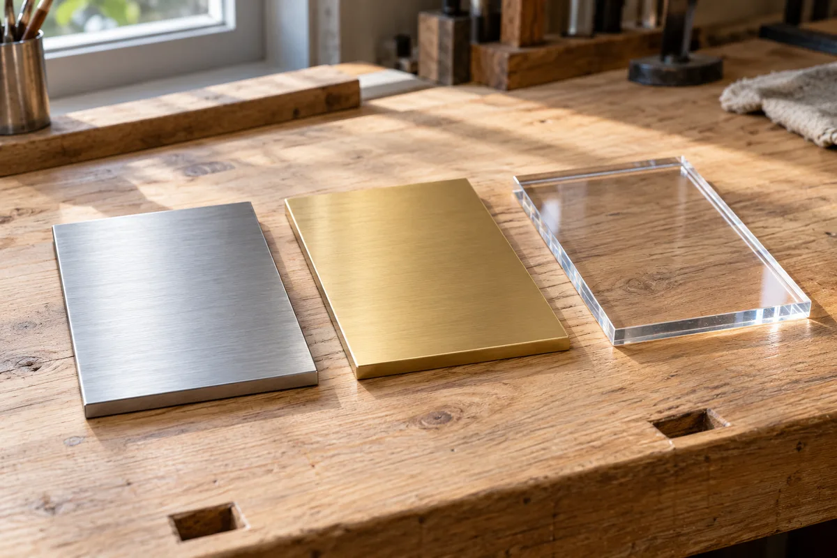 Plaques vierges en inox brossé, laiton et acrylique transparent posées sur un établi
