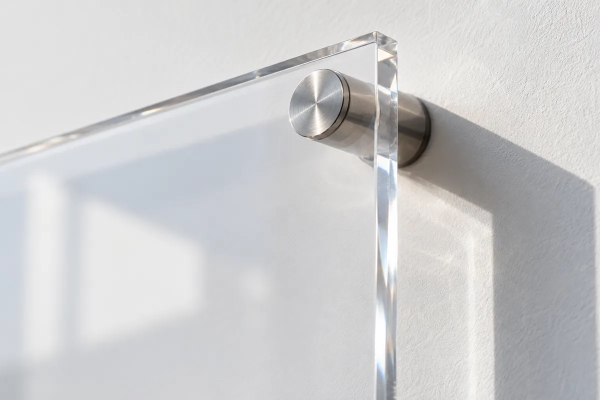 Coin d&rsquo;une plaque d&rsquo;acrylique épais fixée au mur par une entretoise en inox