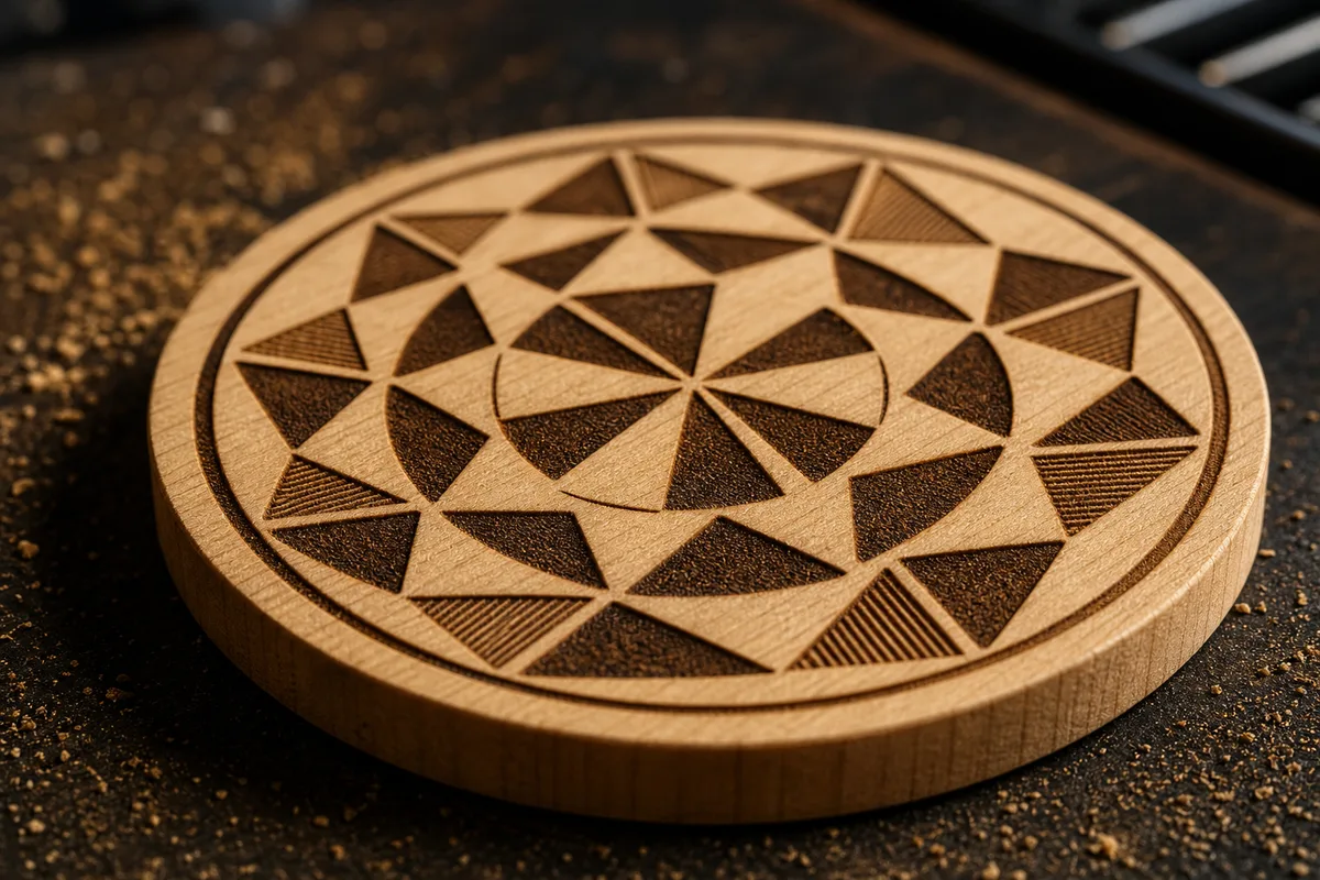 Gros plan d&rsquo;un dessous-de-verre en bois gravé au laser d&rsquo;un motif géométrique