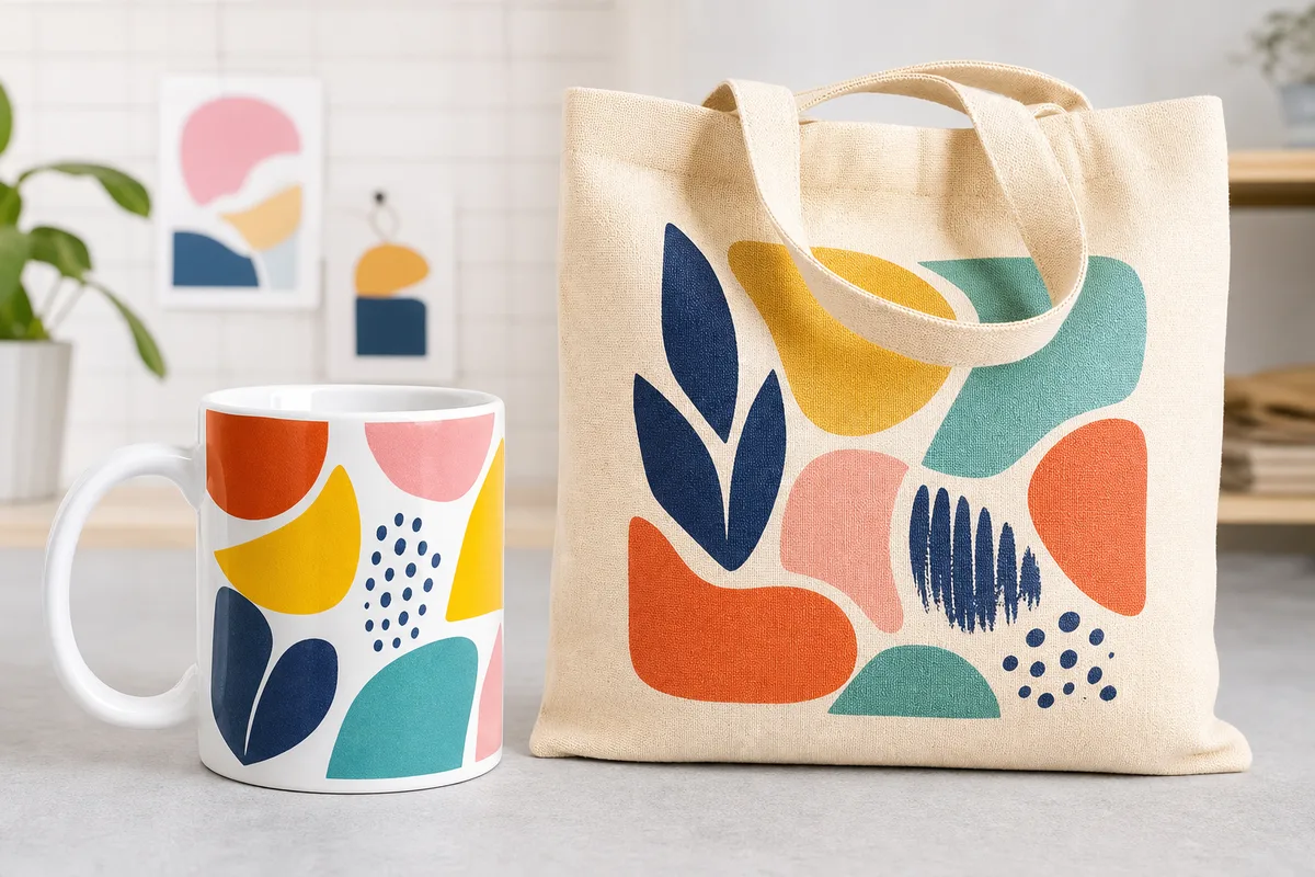 Mug et tote bag personnalisés par impression couleur dans un atelier