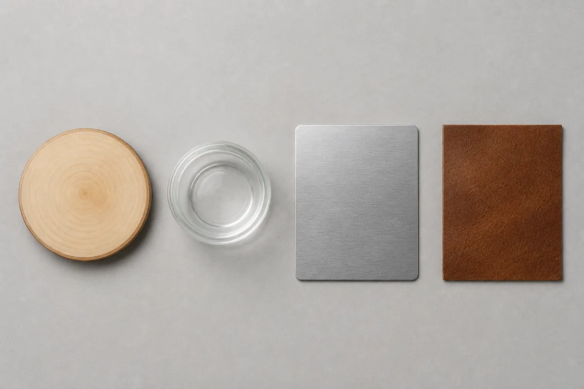 Assortiment de supports à personnaliser : bois, verre, métal et cuir